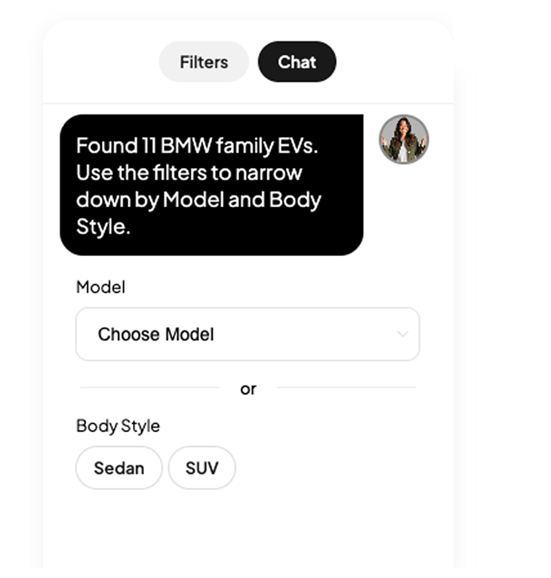 Conversation thread showing progressive suggestions that compare, narrow, and refine EV options
