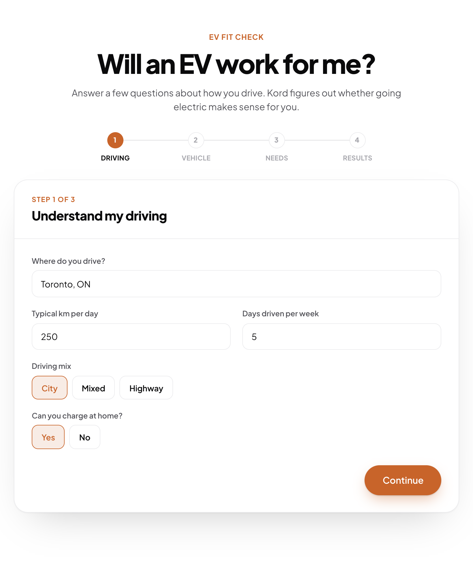 EV fit check tool — Step 1: understand my driving