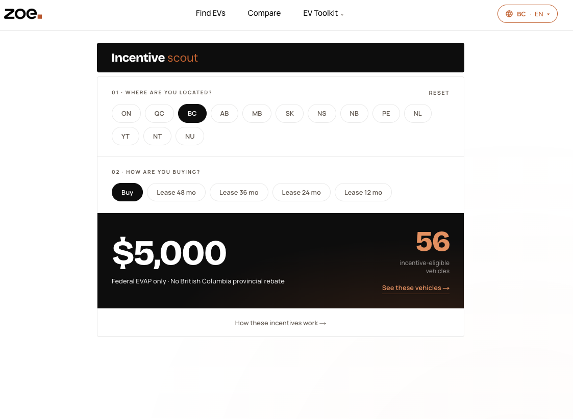 Kord Incentive Scout — EV incentive calculator by province
